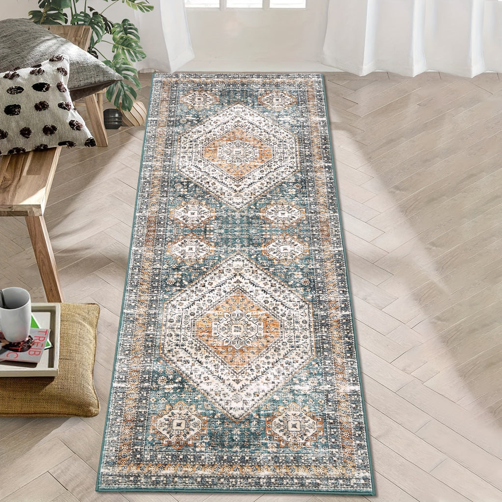 Maskintvättbart matta för vardagsrum, distressed accentmatta medaljongdesign orientalisk matta med halkfri baksida, låg lugg mjuk hopfällbar luddfri tunn matta för sovrum matsal kök kontor, grön, heminredning