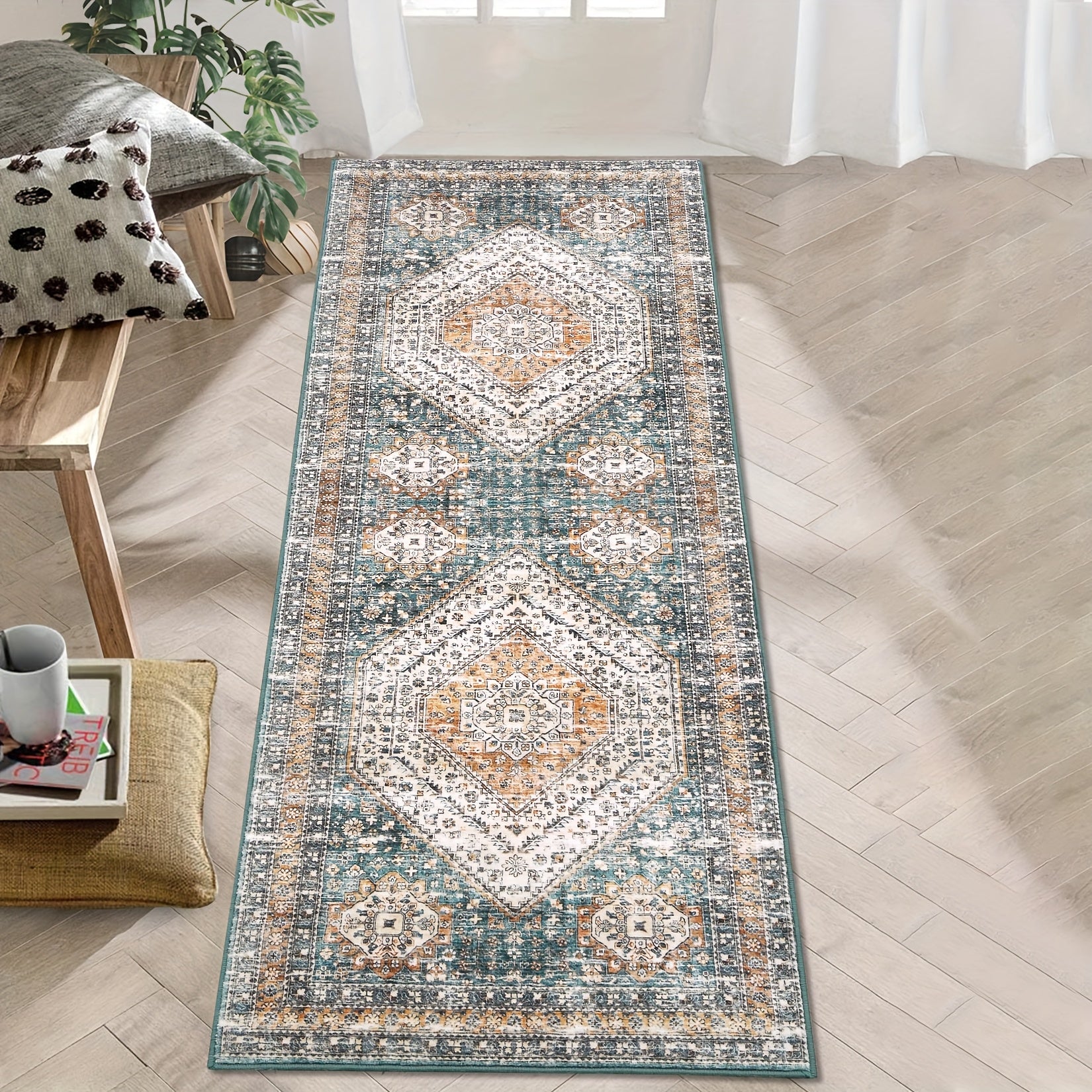 Maskintvättbart matta för vardagsrum, distressed accentmatta medaljongdesign orientalisk matta med halkfri baksida, låg lugg mjuk hopfällbar luddfri tunn matta för sovrum matsal kök kontor, grön, heminredning
