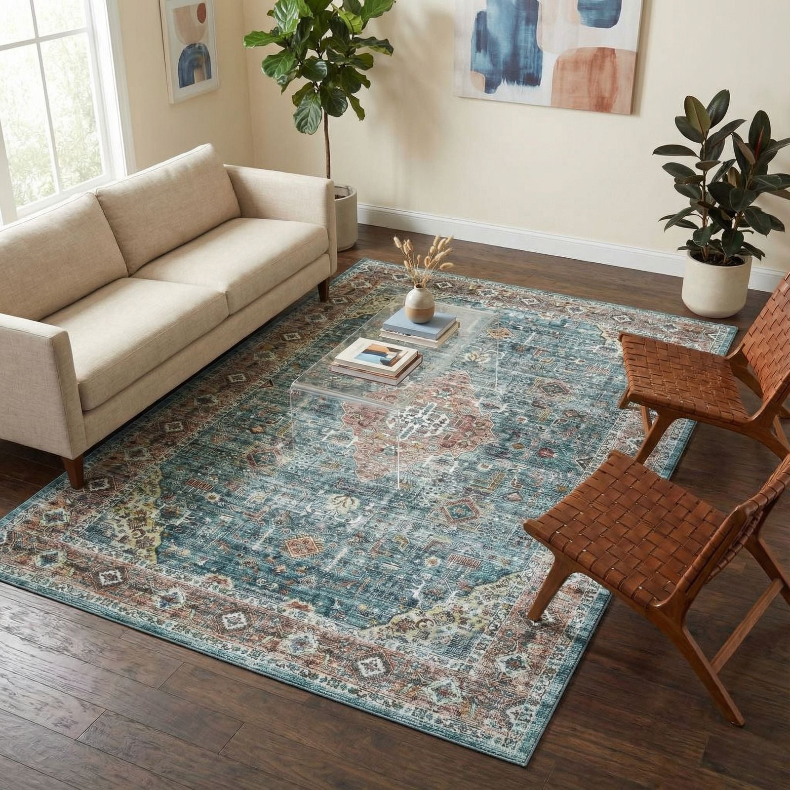 Klassiskt etniskt designat områdesmatta, tvättbar och halkfri tunn matta med geometriska blomdetaljer, distressed-look, låg lugg lämplig för vardagsrum, sovrum eller entré, lätt att vika och underhålla inomhusgolv