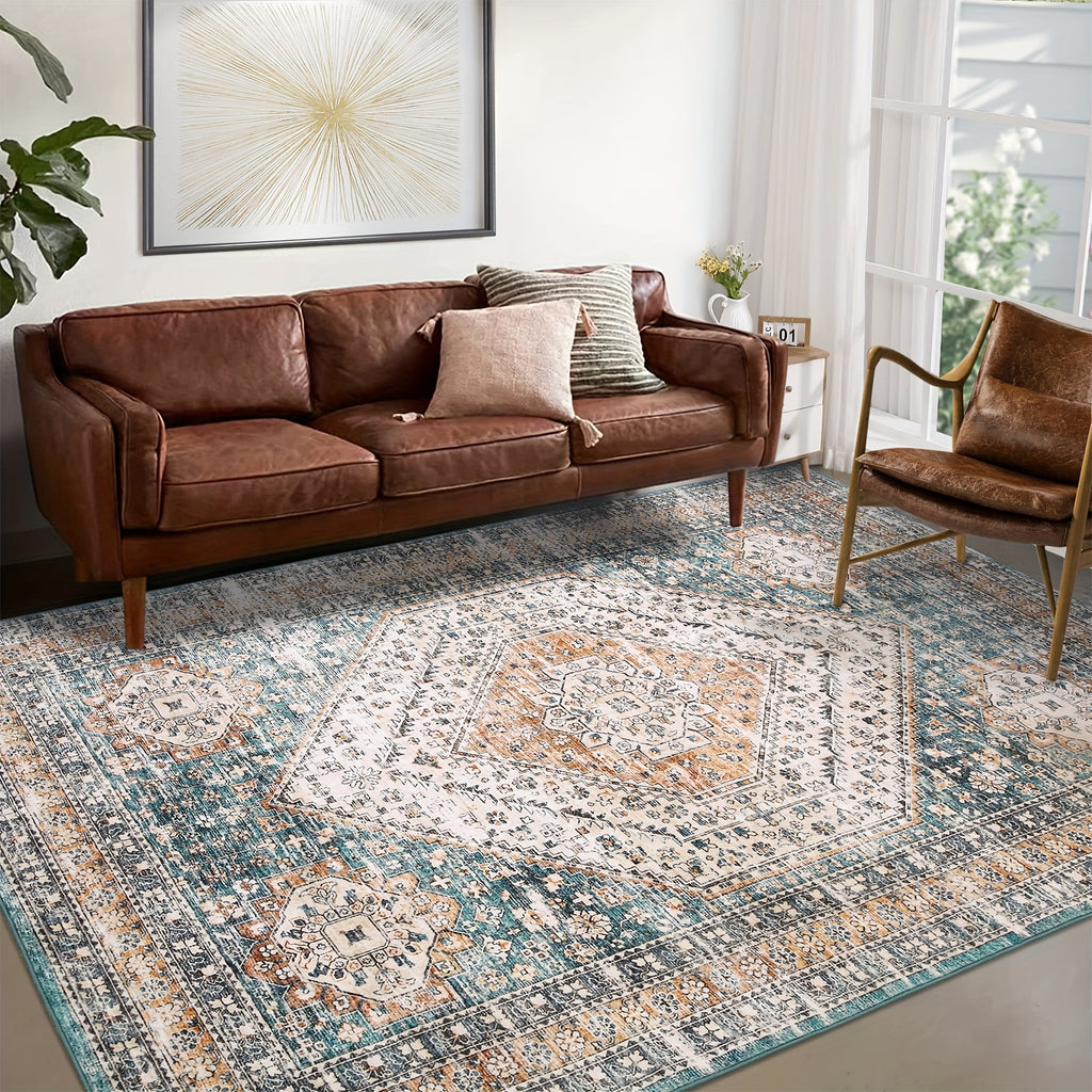 Maskintvättbart matta för vardagsrum, distressed accentmatta medaljongdesign orientalisk matta med halkfri baksida, låg lugg mjuk hopfällbar luddfri tunn matta för sovrum matsal kök kontor, grön, heminredning