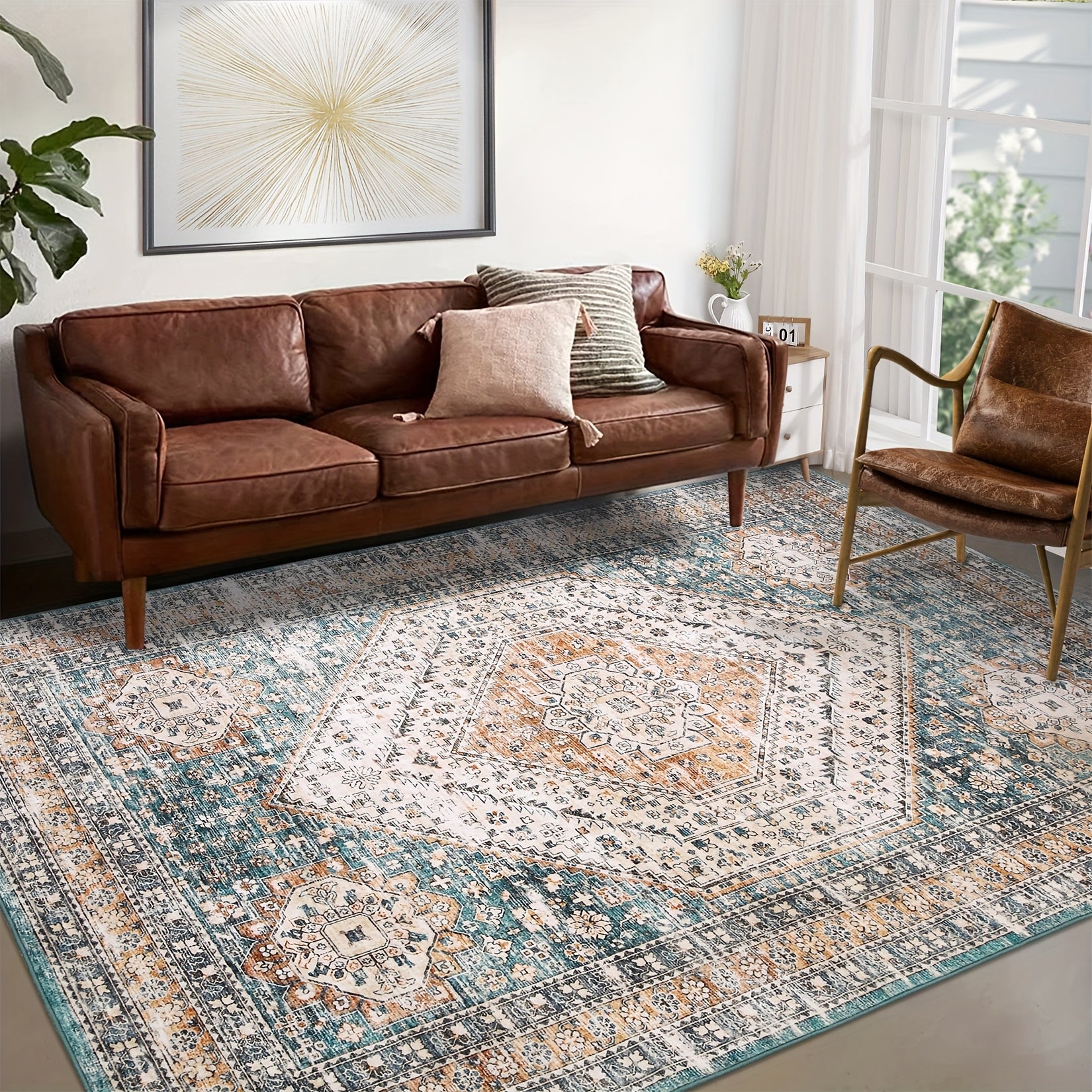 Maskintvättbart matta för vardagsrum, distressed accentmatta medaljongdesign orientalisk matta med halkfri baksida, låg lugg mjuk hopfällbar luddfri tunn matta för sovrum matsal kök kontor, grön, heminredning