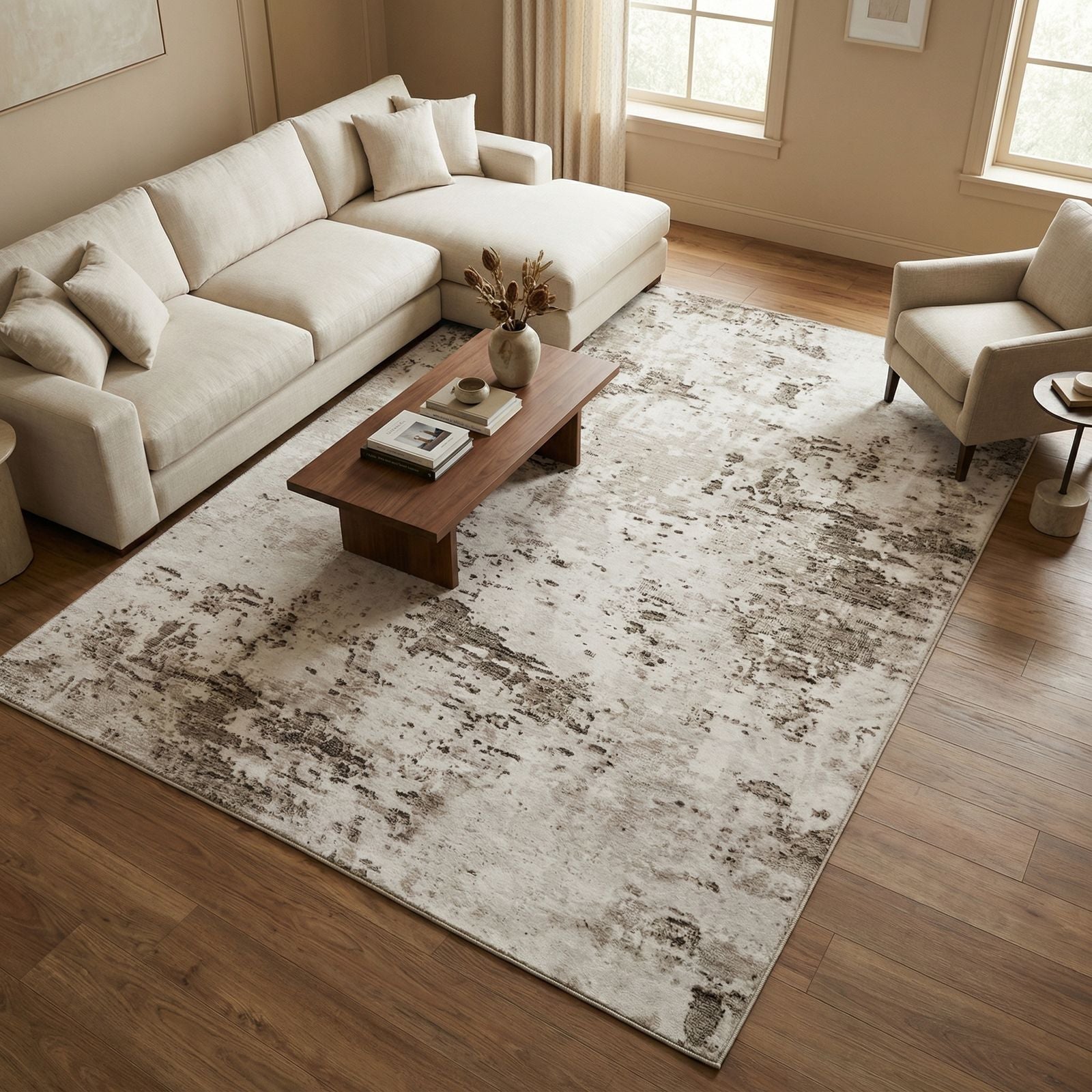 Distressed Matta, Halkfri Tvättbar Tunn Matta med Blekt Abstrakt Mönster, Låg Lugg Matta för Vardagsrum, Sovrum, Entré, Vikbar Lättskött Dekor, Subtil Vintageinspirerad Modern Golvbeläggning